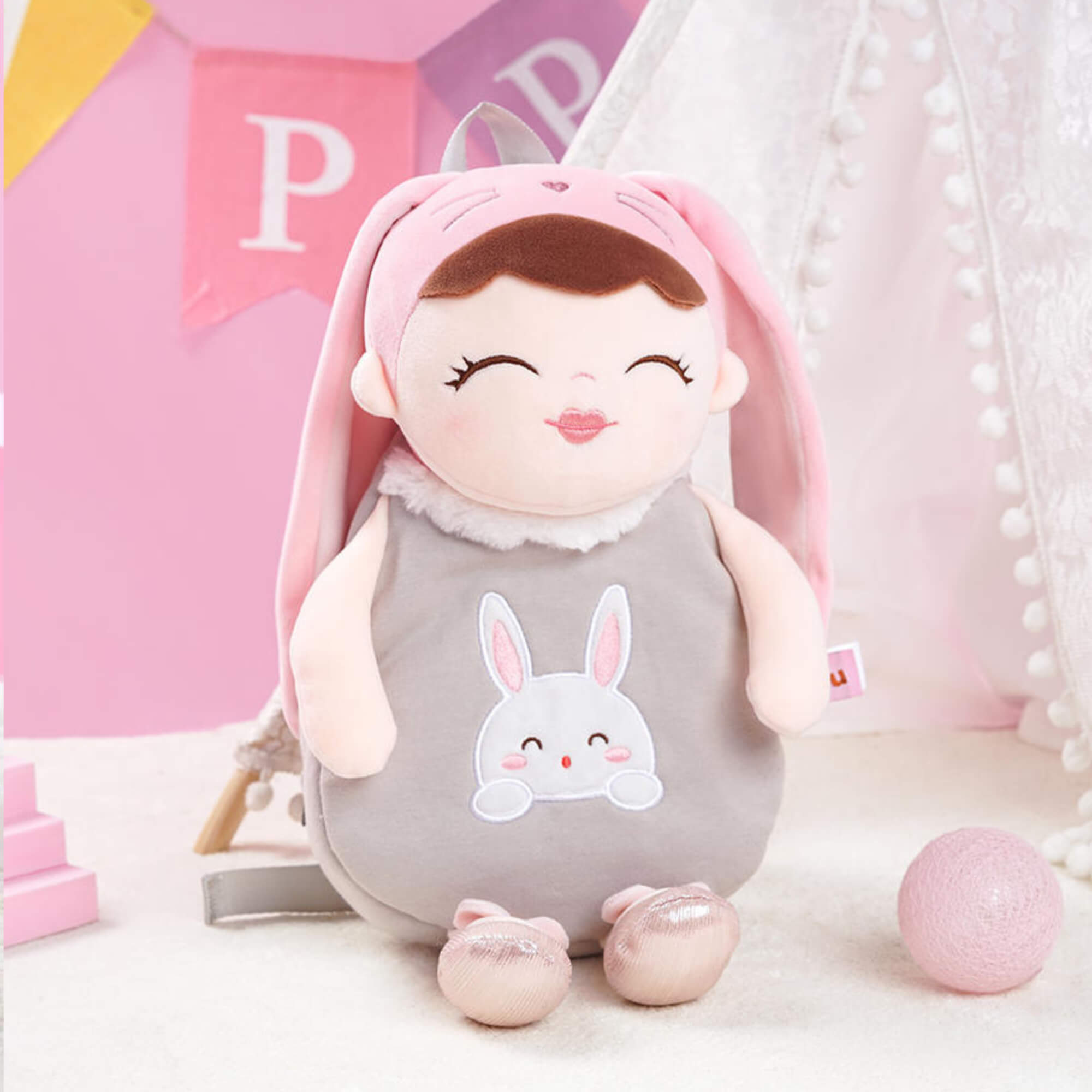 Dreambaby toddler backpack plush soft rabbit backpack beige and pink